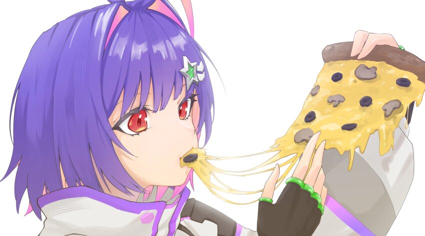 1girl absurdres ahoge black_gloves cheese cheese_trail colored_inner_hair commentary eating fingerless_gloves food food_in_mouth from_side gloves gradient_hair hair_intakes hair_ornament hairclip hands_up high_collar highres holding holding_food holding_pizza jacket kenney_q11 long_sleeves looking_ahead mouth_hold multicolored_clothes multicolored_hair multicolored_jacket mushroom olive pink_hair pizza pizza_slice portrait puffy_sleeves purple_hair red_eyes short_hair simple_background solari_riko solo star_(symbol) star_hair_ornament symbol-only_commentary thick_eyelashes virtual_youtuber vspo! vspo!_en white_background white_jacket