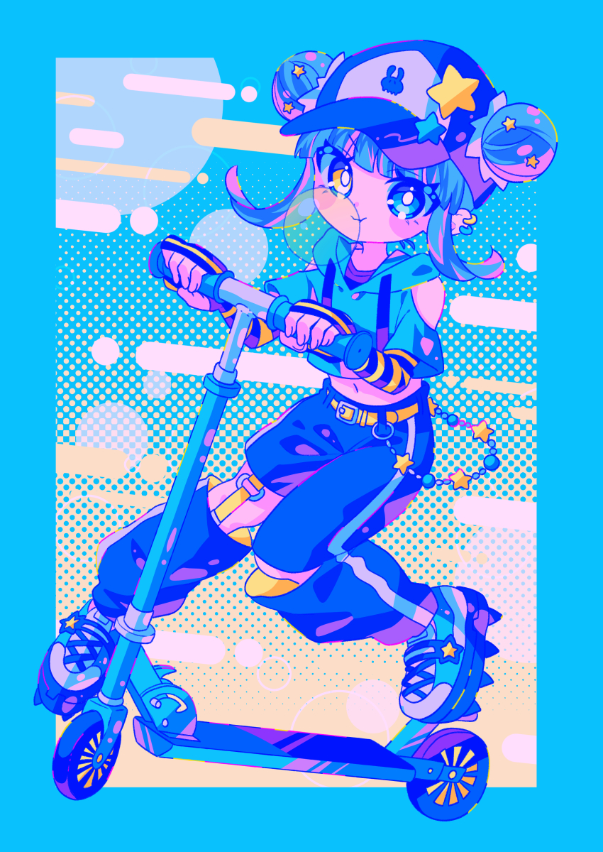 1girl absurdres baseball_cap beads belt blue_border blue_eyes blue_hair blue_theme border chewing_gum commentary_request cropped_hoodie double_bun hair_bun hat heterochromia highres hood hood_down hoodie kick_scooter looking_at_viewer midriff motor_vehicle mukai_nanase navel original pants scooter solo yellow_eyes