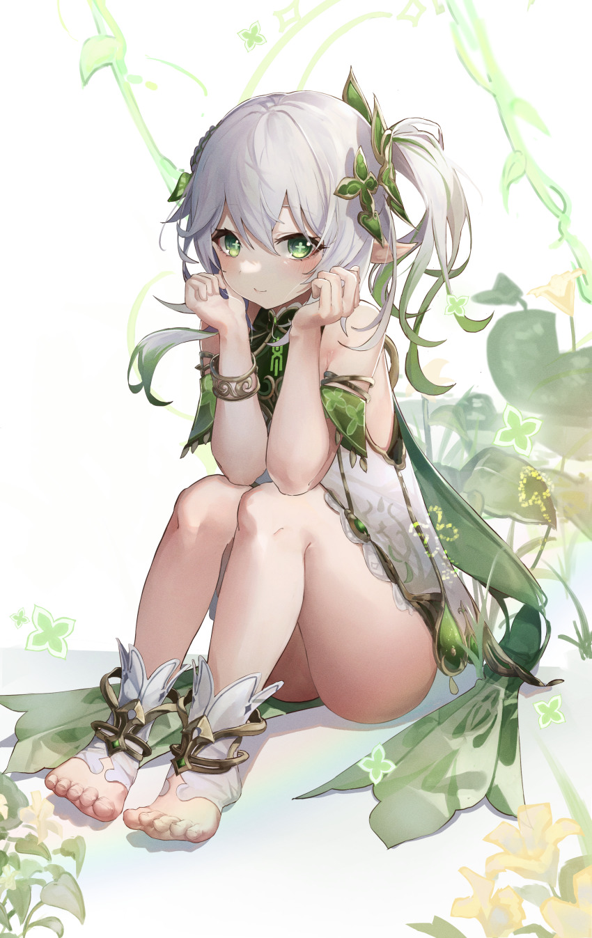 1girl absurdres armlet bare_shoulders blush closed_mouth commentary detached_sleeves dress elbows_on_knees feet full_body genshin_impact gradient_hair green_dress green_eyes green_hair green_sleeves grey_hair hair_ornament highres jewelry leaf_hair_ornament legs long_hair looking_at_viewer megu_(pixiv9460065) multicolored_hair nahida_(genshin_impact) pointy_ears side_ponytail simple_background sitting sleeveless sleeveless_dress smile solo stirrup_footwear symbol-shaped_pupils thighs toeless_footwear toes two-tone_dress white_dress white_footwear