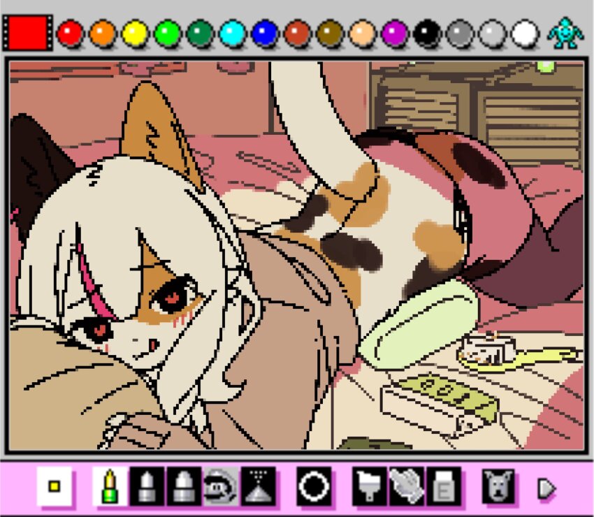 1girl :q animal_ears art_program_in_frame black_panties black_thighhighs calico cat_ears cat_girl cat_tail fake_screenshot furry furry_female grey_sweater hair_brush heart heart-shaped_pupils highres indoors jaggy_lines looking_at_viewer lying mario mario_(series) mario_paint mike_no_hito multicolored_hair nintendo oekaki on_bed on_stomach original panties pink_hair side-tie_panties sleeves_past_wrists streaked_hair sweater symbol-shaped_pupils tail thighhighs tongue tongue_out underwear white_hair