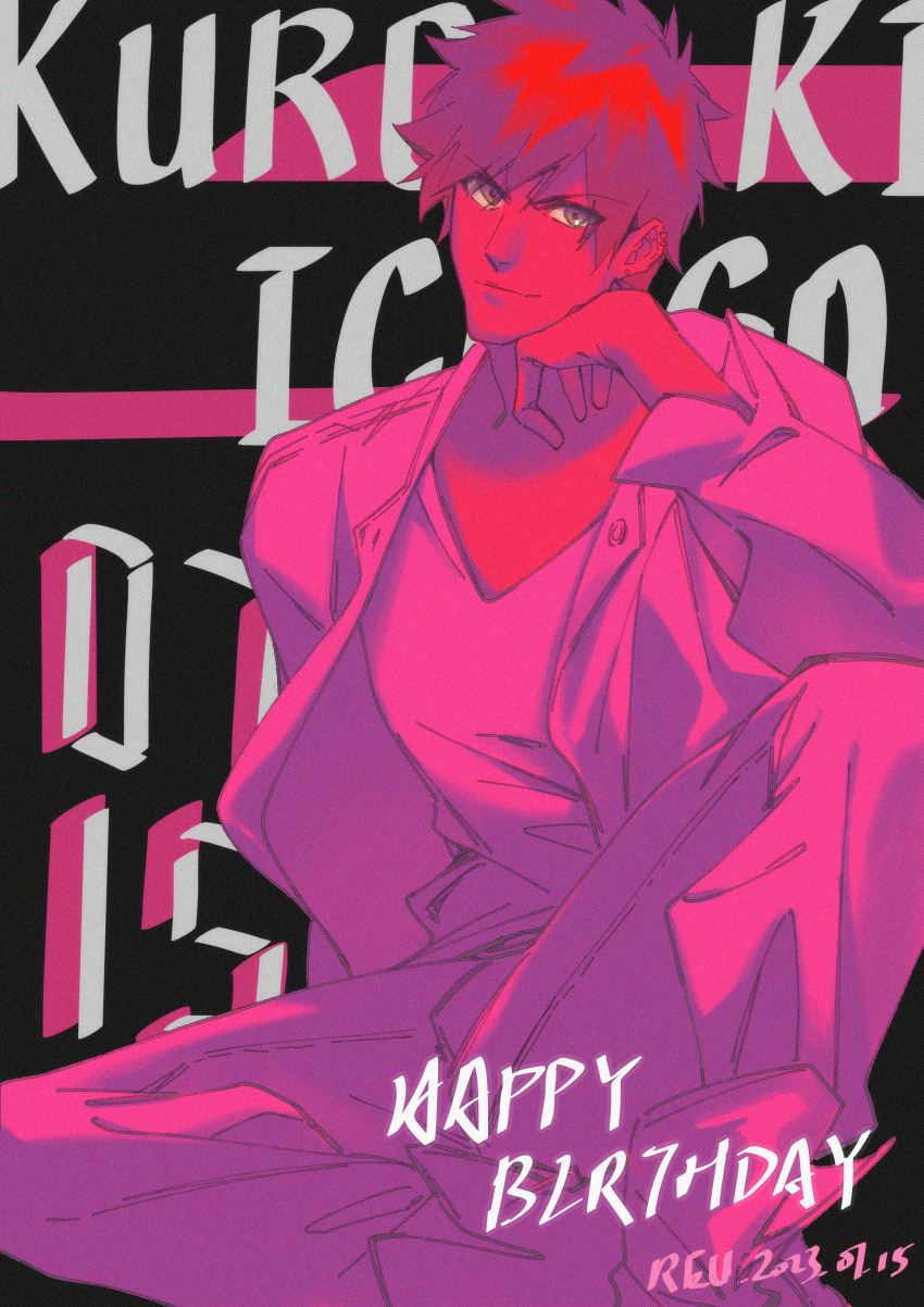 1boy 2023 absurdres bleach character_name dated earrings hair_between_eyes hand_on_own_chin happy_birthday highres jacket jewelry kurosaki_ichigo limited_palette long_sleeves male_focus open_clothes open_jacket pink_theme sitting smile solo spiked_hair v-neck you