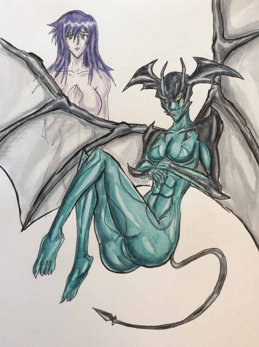 2girls absurdres artist_request colored_skin copyright_request demon_girl demon_horns demon_tail demon_wings devilman devilman_lady green_skin highres horns multicolored_skin multiple_girls muscular muscular_female painting_(medium) self-upload sharp_toenails source_request tail toenails traditional_media two-tone_skin watercolor_(medium) wings