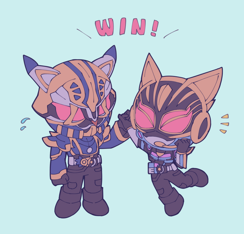 1boy 1girl animal_ears armor beat_buckle black_bodysuit black_gloves blue_armor blue_sleeves bodysuit breasts cat_ears chibi clenched_hand clenched_hands desire_driver rider_belt fangs fantasy_buckle father_and_daughter fingernails gloves glowing glowing_eyes gold_trim highres holding horns id_core kamen_rider kamen_rider_geats_(series) kamen_rider_gyago kamen_rider_na-go looking_at_viewer medium_breasts mori_(enignuma797) raise_buckle red_eyes rider_belt tokusatsu