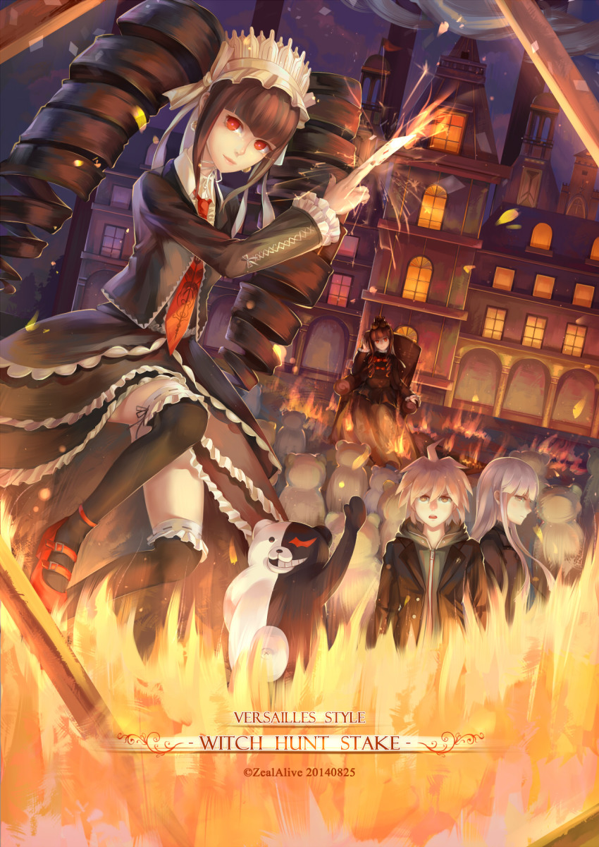 10s 1boy 2girls building burning burning_building card celestia_ludenberg danganronpa:_trigger_happy_havoc danganronpa_(series) fire goth_fashion headdress highres kirigiri_kyoko li_jing looking_at_viewer monokuma multiple_girls naegi_makoto thighhighs