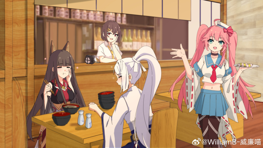 4girls absurdres akagi_(warship_girls_r) animal_ears ayanami_(warship_girls_r) black_hair black_kimono blue_eyes blue_sailor_collar blue_skirt blunt_bangs bow bowl brown_hair chopsticks closed_eyes crop_top cup dango eating food fox_ears hair_bow hair_ornament hair_ribbon hairclip hakama hakama_skirt hat high_ponytail highres holding holding_chopsticks horns indoors izakaya japanese_clothes kaga_(warship_girls_r) kimono long_hair long_sleeves midriff multiple_girls navel necktie open_mouth pink_hair plate pleated_skirt ponytail red_necktie ribbon ribbon-trimmed_sleeves ribbon_trim sailor_collar sanshoku_dango school_uniform shirt short_sleeves skirt smile table taihou_(warship_girls_r) thighhighs twintails very_long_hair wagashi warship_girls_r weibo_logo weibo_watermark white_hair white_kimono white_shirt wide_sleeves williamb