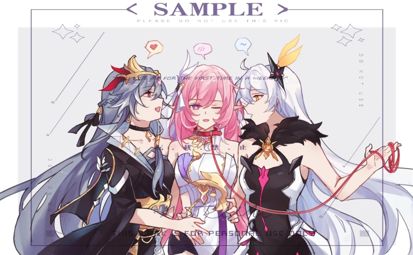 3girls bare_shoulders belt_collar black_choker black_dress black_shorts breasts chinese_clothes choker clothing_cutout collar collarbone corset dress elf elysia_(herrscher_of_human:_ego)_(honkai_impact) elysia_(honkai_impact) fu_hua fu_hua_(herrscher_of_sentience) fur-trimmed_jacket fur_trim grey_background grey_hair hair_ornament heart highres holding holding_leash honkai_(series) honkai_impact_3rd jacket kiana_kaslana kiana_kaslana_(herrscher_of_the_void) leash long_hair looking_at_another medium_breasts multiple_girls one_eye_closed open_mouth pink_hair pointy_ears purple_eyes red_eyes sample_watermark shiying_no_yao short_shorts shorts side_cutout small_breasts spoken_blush spoken_heart watermark white_corset white_hair yellow_eyes yuri