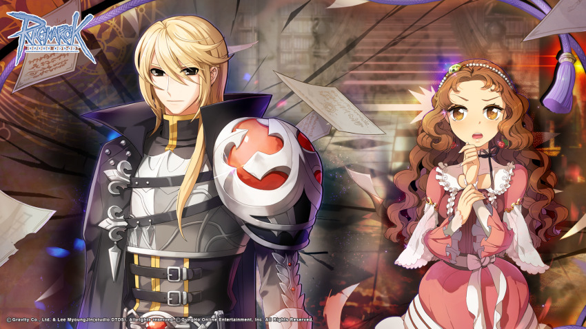 1boy 1girl agnes_lugenburg armor artist_collaboration black_cape black_eyes black_ribbon black_shirt blonde_hair breastplate brown_eyes brown_hair cape closed_mouth copyright_notice dress frilled_shirt_collar frilled_sleeves frills hand_up highres knight_captain_serapina leona_(pixiv) logo long_bangs long_hair looking_at_viewer neck_ribbon official_art official_wallpaper open_mouth pauldrons pearl_hairband pink_dress popped_collar ragnarok_online raised_eyebrow ribbon shirt short_bangs shoulder_armor single_pauldron smile taruk tassel upper_body wavy_hair