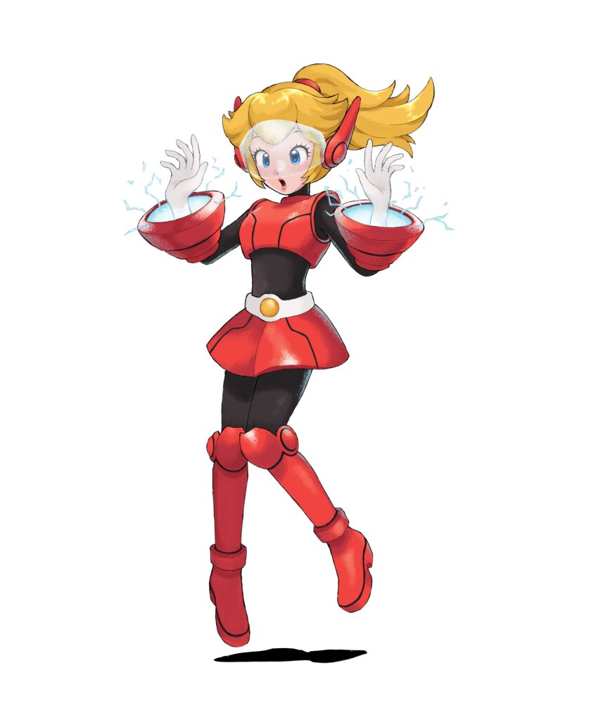 1girl absurdres armored_boots belt black_bodysuit blonde_hair blue_eyes bodysuit bodysuit_under_clothes boots commentary english_commentary eyelashes gloves highres jors knee_boots mario_(series) mighty_peach miniskirt nintendo open_mouth ponytail princess_peach princess_peach:_showtime! red_footwear red_skirt shadow skirt skirt_set solo visor_(armor) white_belt white_gloves