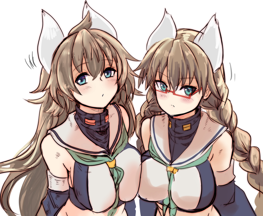 2girls animal_ears azur_lane between_breasts blue_eyes blush braid breast_press breasts brown_hair commentary_request crop_top detached_sleeves furutaka_(azur_lane) glasses gloves hey_taisyou highres kako_(azur_lane) large_breasts long_hair midriff multiple_girls retrofit_(azur_lane) sailor_collar school_uniform semi-rimless_eyewear twin_braids under-rim_eyewear white_gloves