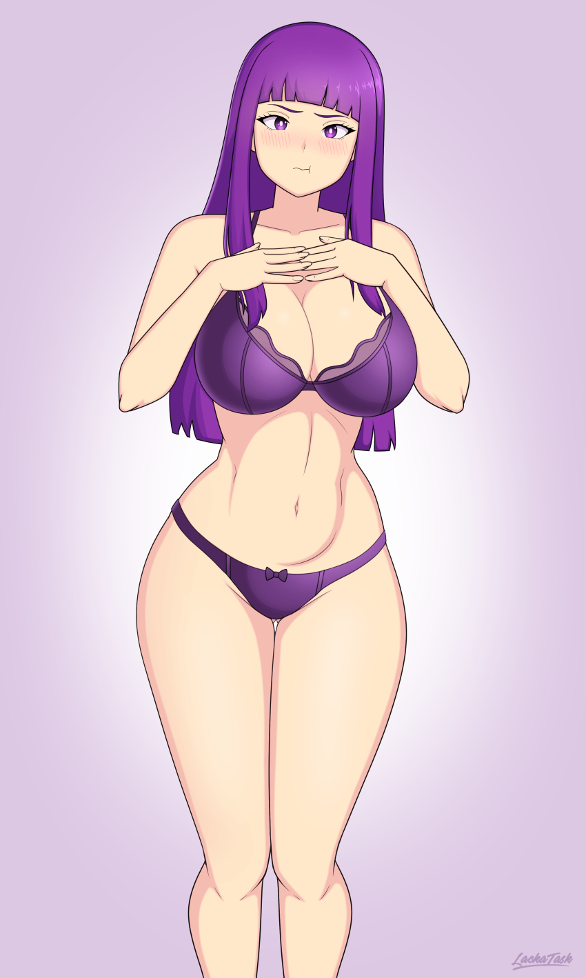 1girl absurdres artist_name blunt_bangs blush bra breasts cleavage closed_mouth female_focus fern_(sousou_no_frieren) highres lackatask large_breasts long_hair looking_at_viewer navel panties pout purple_bra purple_eyes purple_hair purple_panties solo sousou_no_frieren underwear