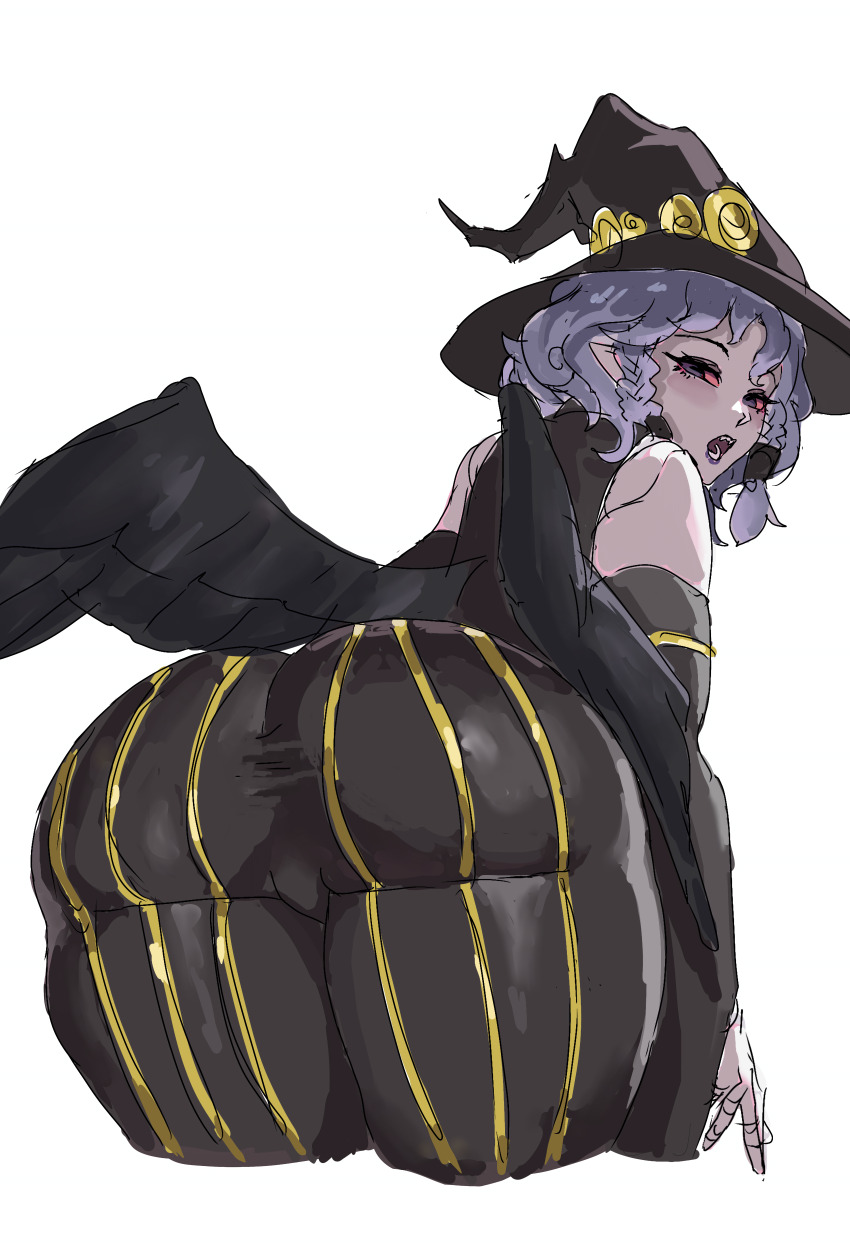 1girl absurdres agrat_bat_mahlat_(megami_tensei) ass black_hat black_wings blush bone colored_sclera colored_skin detached_sleeves dress eyelashes gialu_(xrta2222) grey_hair hat highres huge_ass long_dress looking_at_viewer red_eyes shin_megami_tensei shin_megami_tensei_v shin_megami_tensei_v:_vengeance short_hair solo white_background white_skin wide_sleeves wings witch_hat