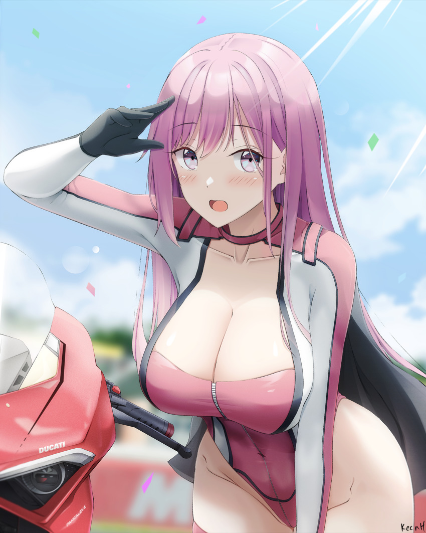 1girl artist_name black_gloves blue_sky blurry blurry_background blush breasts capelet cleavage cloud collarbone confetti covered_navel ducati gloves groin hand_up highres keenh large_breasts leaning_forward leotard long_hair looking_at_viewer motor_vehicle motorcycle open_mouth original outdoors pink_eyes pink_hair pink_leotard race_queen shrug_(clothing) sky solo straight_hair swept_bangs very_long_hair