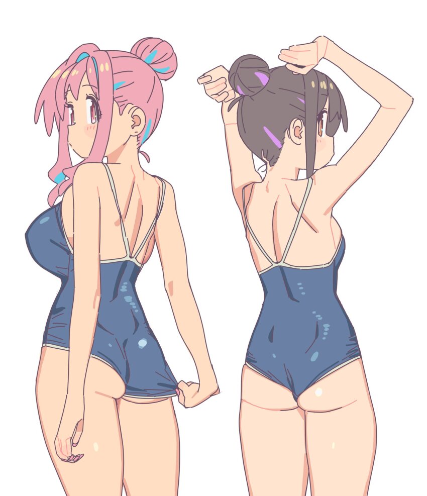 2girls armpits arms_up ass back backboob bare_arms bare_legs bare_shoulders blue_hair breasts brown_hair from_behind hair_bun highres hozuki_kaede imamura_ryou large_breasts legs looking_at_viewer looking_back medium_breasts multicolored_hair multiple_girls neck onii-chan_wa_oshimai! open_mouth oyama_mihari pink_hair pulling_at_clothes purple_hair red_eyes short_hair simple_background streaked_hair swimsuit thighs white_background yellow_eyes