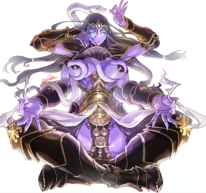 1girl arm_guards armor black_hair colored_skin extra_arms floating_hair full_body glowing glowing_eyes gold greaves highres jewelry long_hair looking_at_viewer lotus_position meditation mudra narrow_waist original pelvic_curtain pointy_ears purple_skin revealing_clothes shoulder_armor snake solo very_long_hair white_background zunta