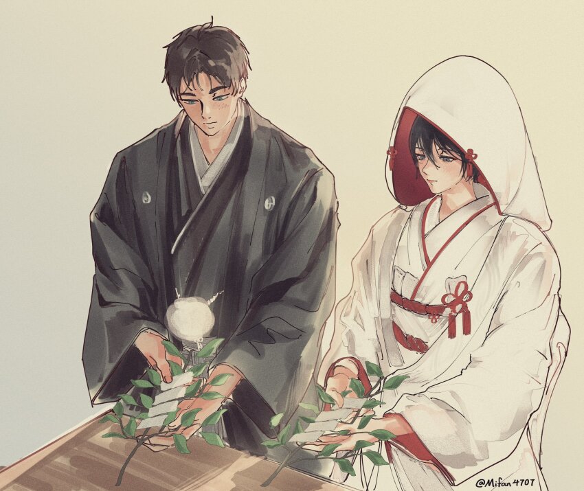 1boy 1girl black_hair black_robe branch brown_hair eren_yeager flower_knot hair_between_eyes highres holding holding_branch husband_and_wife japanese_clothes light_blush mifan4707 mikasa_ackerman robe shingeki_no_kyojin short_hair twitter_username upper_body wedding white_robe wide_sleeves