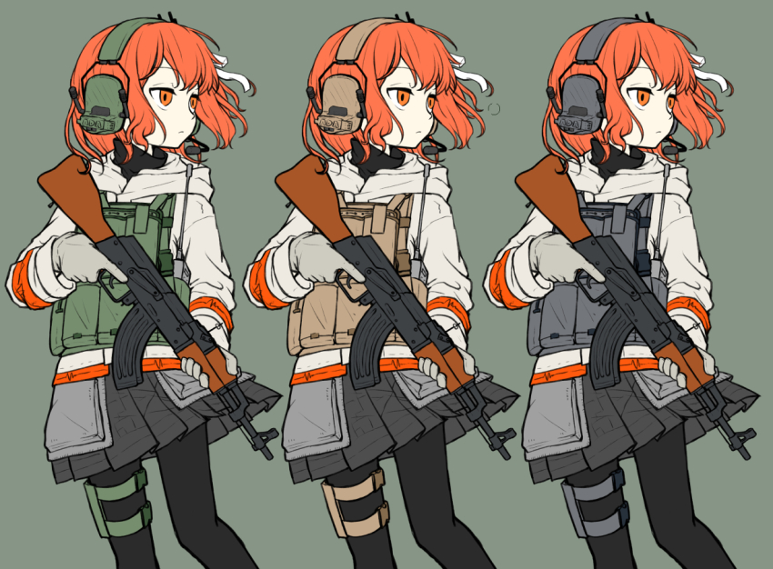 1girl a.i._voice adachi_rei ak-74 assault_rifle black_pantyhose black_shirt bulletproof_vest cardiogram_print feet_out_of_frame flat_color gloves green_background grey_gloves grey_skirt gun headset holster hood hood_down hoodie kalashnikov_rifle long_sleeves looking_to_the_side miniskirt orange_eyes orange_hair pantyhose pleated_skirt print_hoodie radio rifle shirt simple_background skirt sora-doufu thigh_holster turtleneck turtleneck_shirt variations weapon white_hoodie