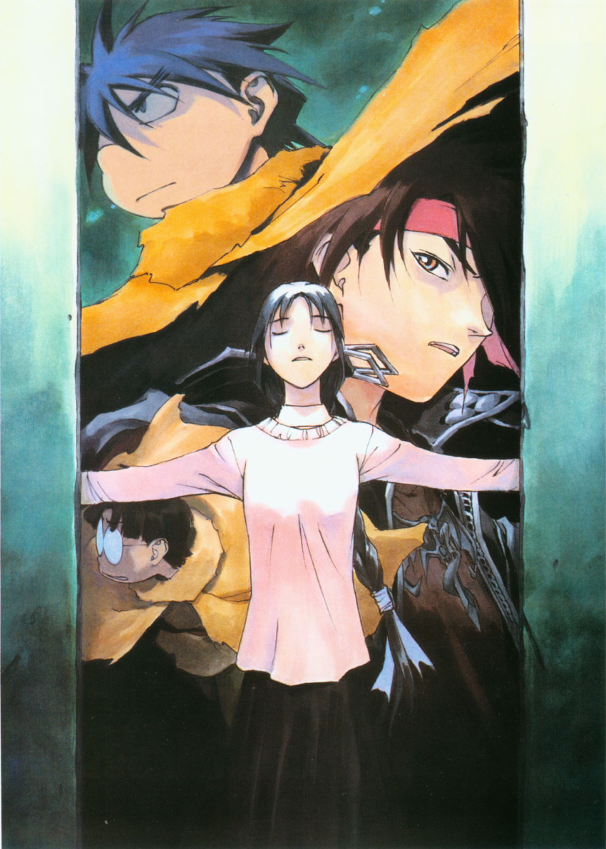 1girl 3boys black_hair brown_eyes dortin closed_eyes glasses headband highres kusaka_yuuya majutsushi_orphen multiple_boys orphen scan volkan