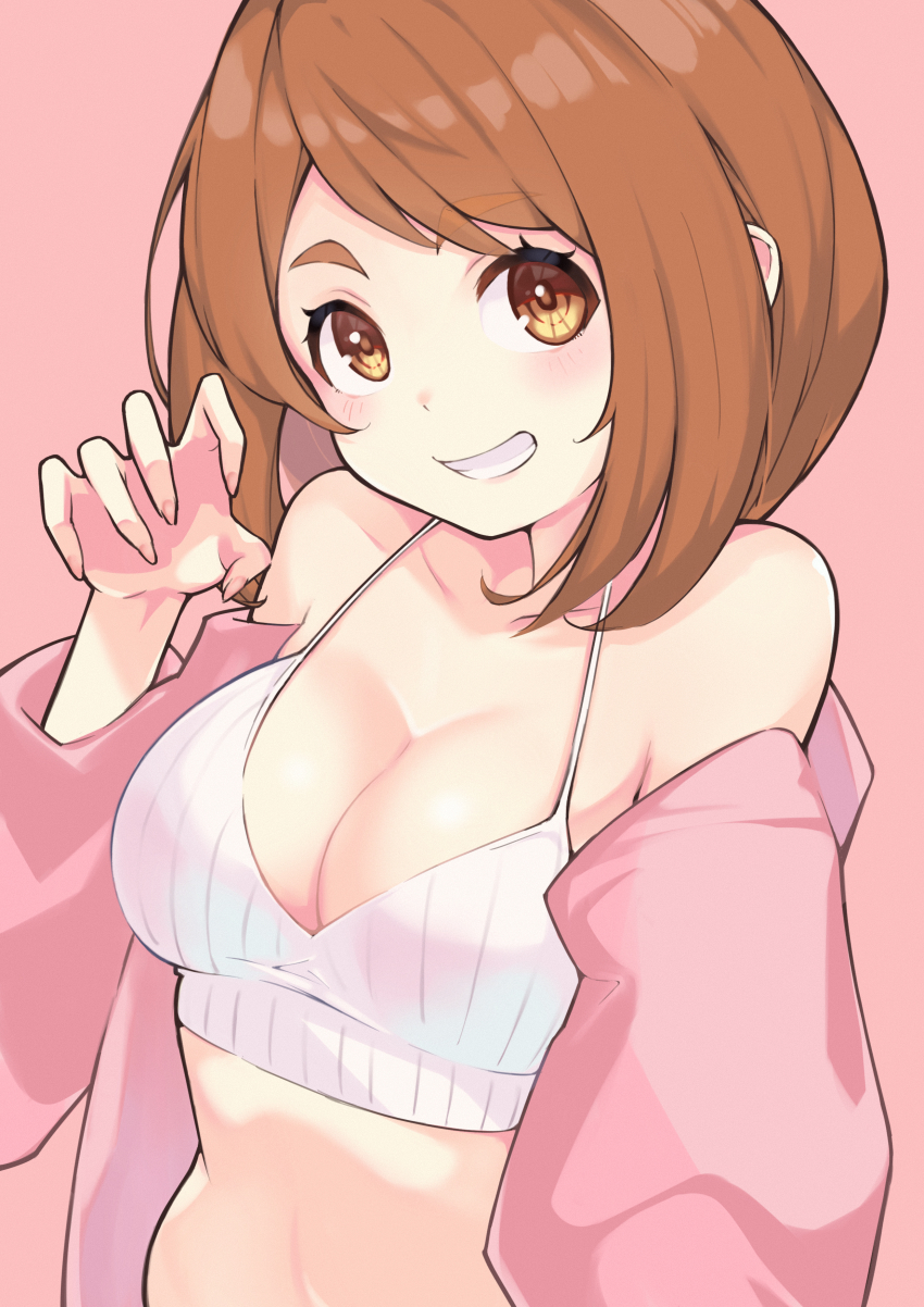 1girl absurdres bare_shoulders blush bob_cut boku_no_hero_academia bra breasts brown_eyes brown_hair claw_pose cleavage eyelashes fingernails grin hand_up highres itou_kazuki looking_at_viewer off_shoulder open_clothes open_shirt outstretched_arm pink_background pink_shirt shirt short_hair simple_background smile solo swept_bangs underwear upper_body uraraka_ochako white_bra