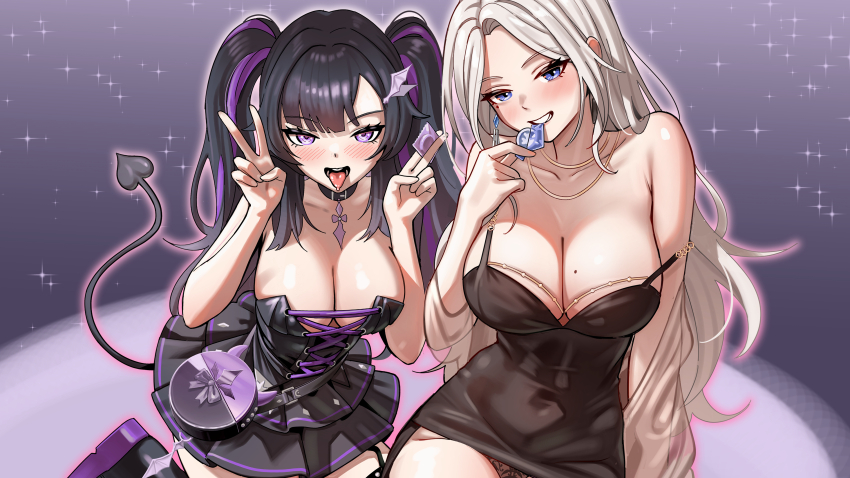 2girls absurdres belt_collar black_collar black_dress black_footwear black_hair blush breasts collar collarbone condom condom_wrapper cross-laced_clothes cross-laced_dress demon_tail dress earrings gold_necklace gotica grey_hair highres holding holding_condom jewelry large_breasts lee_rein long_hair mole mole_on_breast mole_under_eye moon_momo multicolored_hair multiple_girls necklace panties purple_hair sparkle strap_slip streaked_hair tail tongue tongue_out underwear v virtual_youtuber vlyz wing_hair_ornament