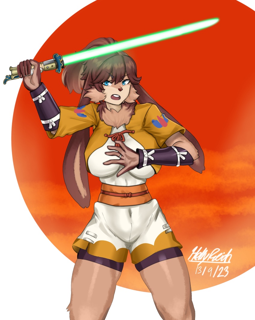 1girl absurdres blue_eyes brown_hair energy_sword furry furry_female highres lightsaber lop_(star_wars) ponytail rabbit_ears rabbit_girl rabbit_tail star_wars star_wars:_visions sword weapon