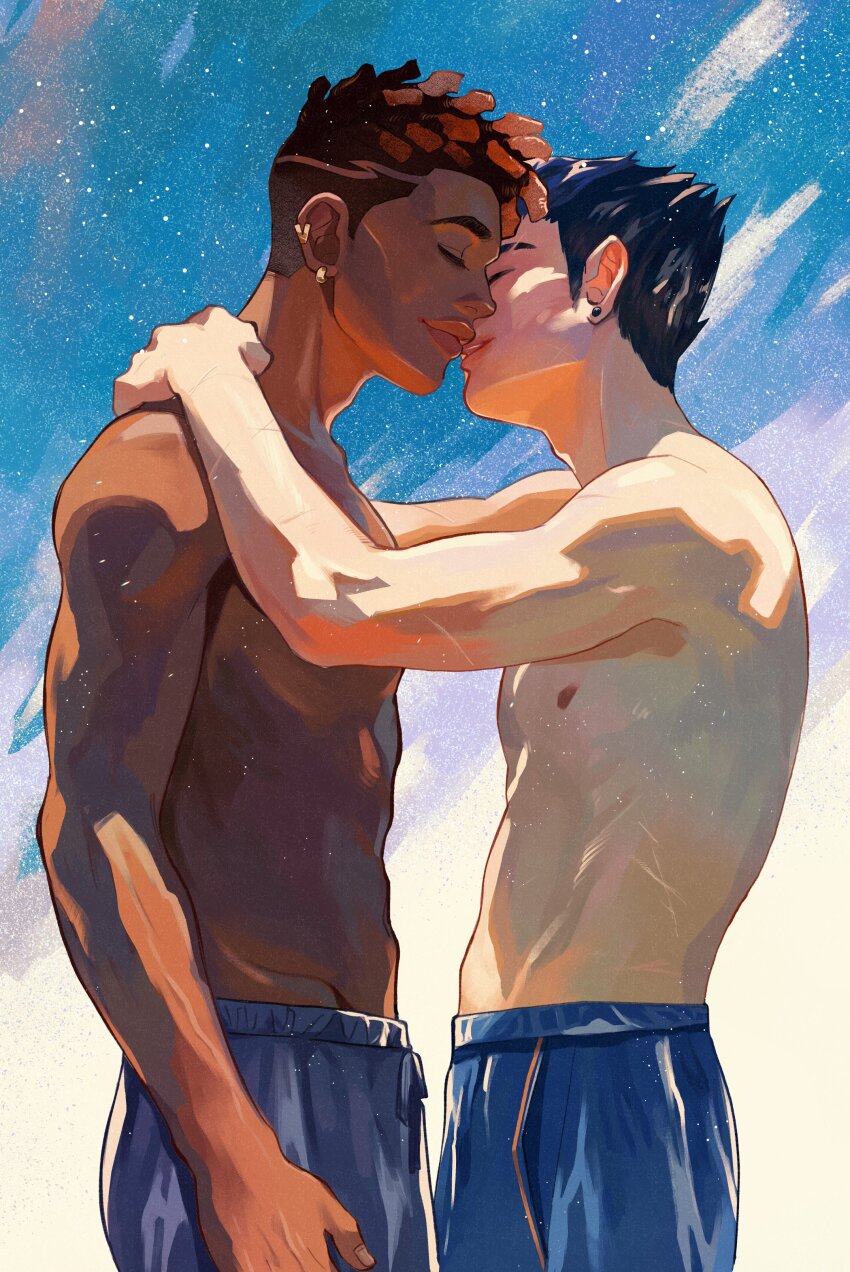 1715yorugohan 2boys abs absurdres adam&#039;s_apple arms_around_neck black_hair blue_hair blue_shorts brown_hair closed_eyes collarbone commentary couple dreadlocks ear_piercing earrings english_commentary highres interracial jewelry kiss male_focus multicolored_hair multiple_boys nipples pectorals phoenix_(valorant) piercing scar scar_across_eyebrow scar_on_face short_hair shorts sideburns streaked_hair stud_earrings toned toned_male topless_male valorant yaoi yoru_(valorant)