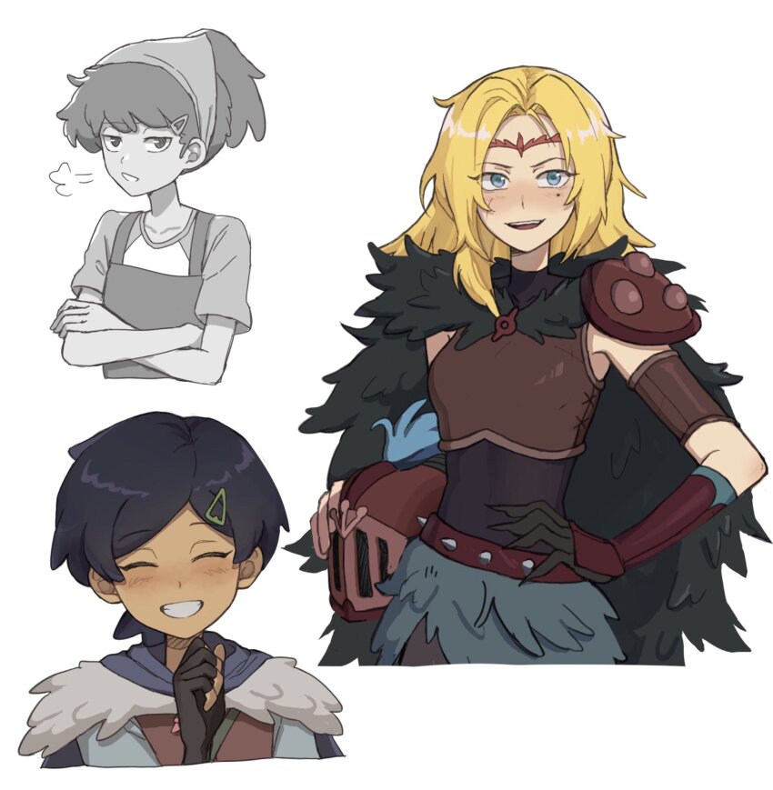 3girls amphibia anne_boonchuy apron armband armor black_hair blonde_hair blue_eyes breastplate breasts cape closed_eyes cowboy_shot crossed_arms dark-skinned_female dark_skin facial_scar fingerless_gloves fur-trimmed_cape fur_cape fur_skirt fur_trim gloves grin hair_ornament hairclip half-closed_eyes hand_on_own_hip helmet highres junsui_(omori0310) light_smile marcy_wu medium_breasts mole mole_under_eye multiple_girls parted_bangs parted_lips ponytail sasha_waybright scar scar_on_cheek scar_on_face shirt short_hair shoulder_armor smile spiked_belt t-shirt teeth undershirt unworn_headwear unworn_helmet upper_body white_background