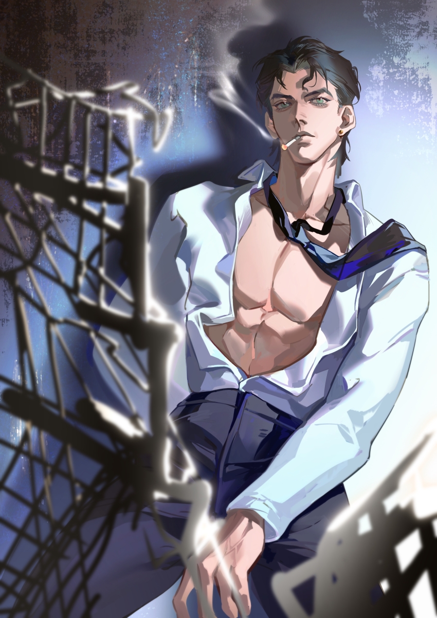 1boy abs absurdres black_hair black_shirt blue_necktie cigarette closed_mouth collared_shirt earrings eyelashes green_eyes high-waist_pants highres jewelry jojo_no_kimyou_na_bouken kuriimalekou kuujou_joutarou lips long_sleeves looking_at_viewer male_focus medium_hair necktie pants parted_bangs partially_unbuttoned pectorals shirt smoke smoking solo stud_earrings veins white_shirt