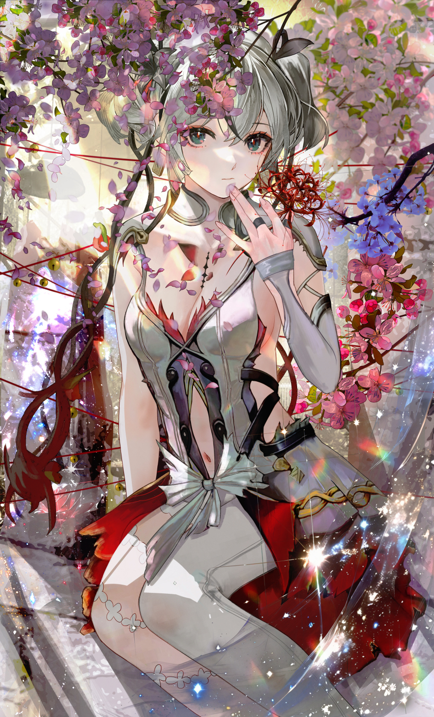 1girl absurdres black_flower bow breasts camellya_(wuthering_waves) chinese_commentary cleavage clothing_cutout commentary crossed_bangs dress flower grey_hair hair_between_eyes hair_flower hair_ornament highres jewelry jin_sumire looking_at_viewer medium_breasts multicolored_hair navel red_pupils smile solo streaked_hair tacet_mark_(wuthering_waves) twintails white_dress white_hair wuthering_waves