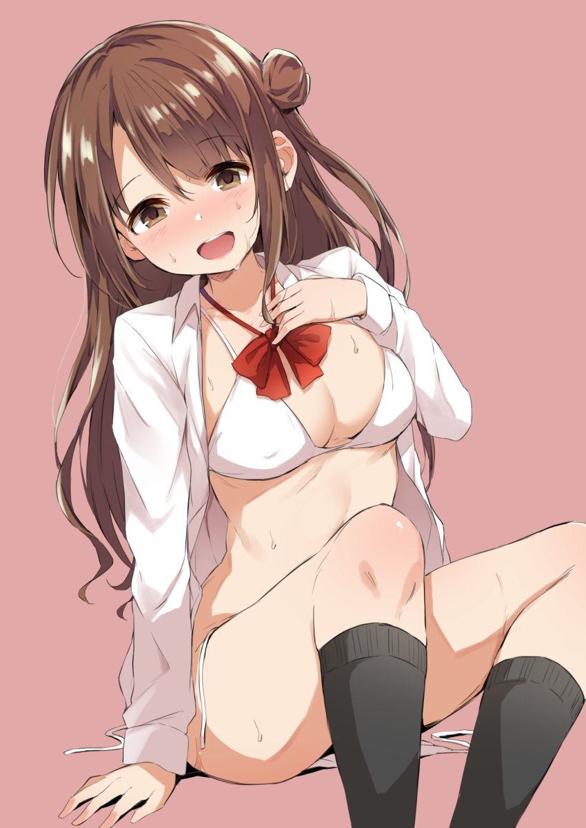 1girl arm_support bikini bikini_under_clothes black_socks blush bow bowtie breasts brown_hair cleavage hair_bun highres hitoi idolmaster idolmaster_cinderella_girls kneehighs long_hair looking_down medium_breasts midriff red_background red_bow red_bowtie shimamura_uzuki shirt simple_background single_side_bun sitting socks solo sweat swimsuit untied_bikini wavy_hair white_bikini white_shirt