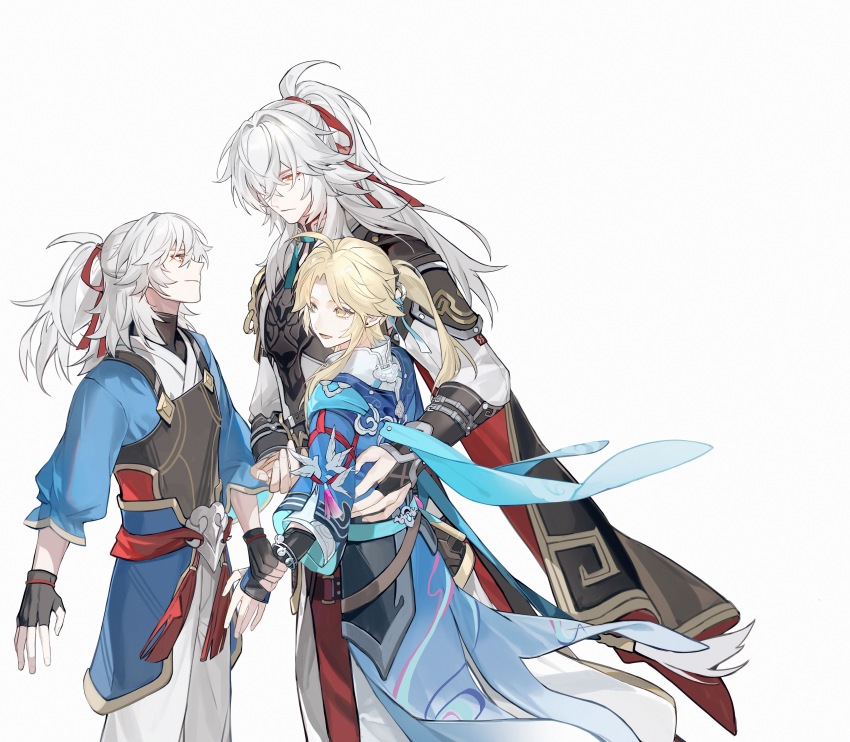 3boys absurdres age_difference aged_down ahoge armor bishounen black_gloves black_vest blonde_hair blue_shirt cape cowboy_shot dual_persona eye_contact face-to-face feathered_hair fingerless_gloves gloves hair_over_eyes hair_over_one_eye hand_on_another&#039;s_back height_difference highres holding_another&#039;s_wrist honkai:_star_rail honkai_(series) jing_yuan k7_(kk7_000) layered_clothes looking_at_another male_focus multiple_boys pants parted_hair ponytail puffy_sleeves rivalry shirt side-by-side simple_background sleeves_past_elbows standing two-sided_cape two-sided_fabric vest white_background white_hair white_pants wind yanqing_(honkai:_star_rail) yaoi yellow_eyes