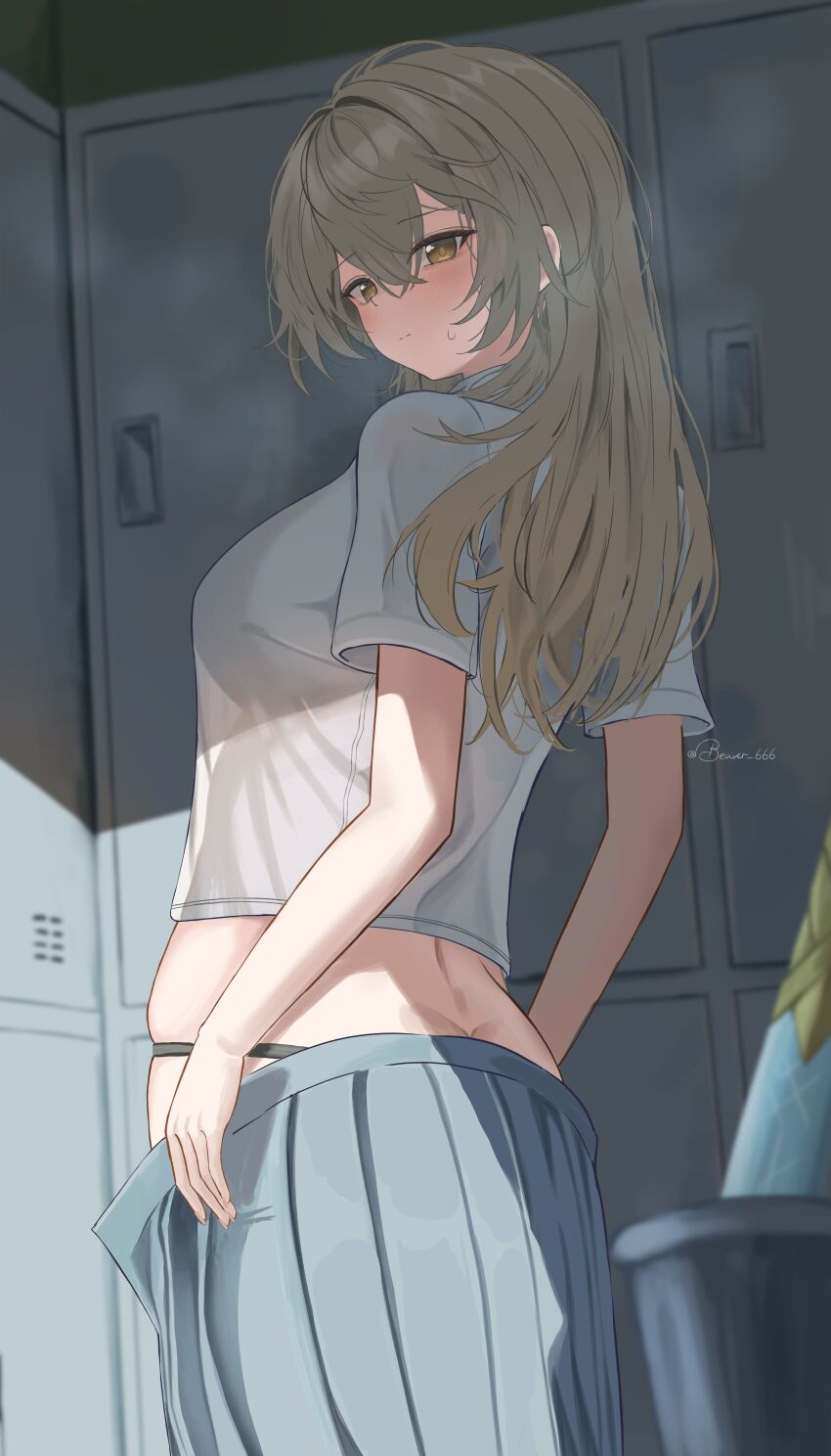 1girl absurdres alternate_costume ass butt_crack closed_mouth clothes_pull dubeaduver from_behind grey_hair hair_between_eyes highres honkai:_star_rail honkai_(series) locker locker_room long_hair looking_at_viewer panties pleated_skirt school_uniform shirt short_sleeves skirt skirt_pull solo standing stelle_(honkai:_star_rail) sweat trailblazer_(honkai:_star_rail) twitter_username underwear white_shirt yellow_eyes