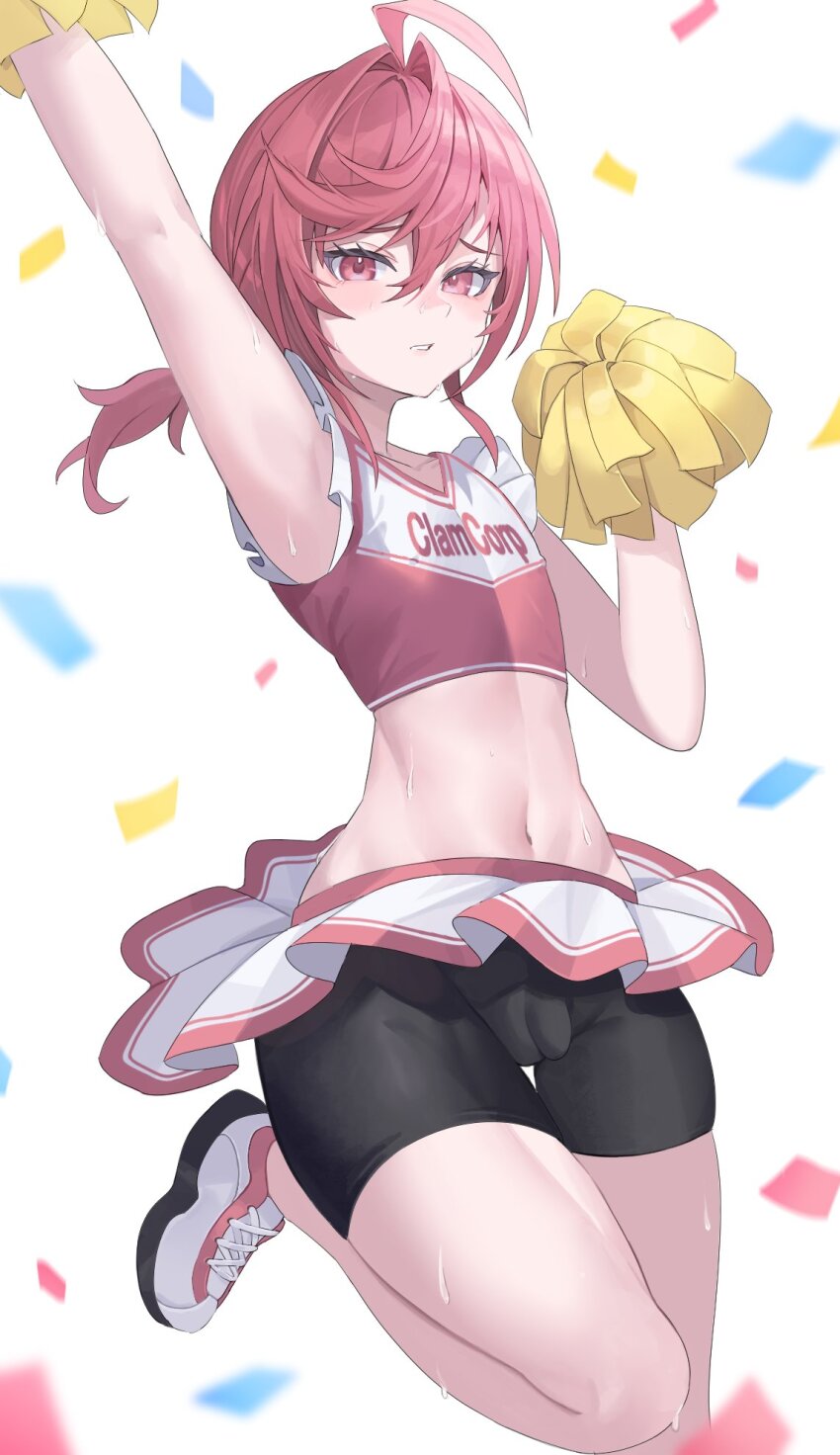 1boy arm_up armpits awa_(awao141) bike_shorts bike_shorts_under_skirt cheerleader confetti highres holding indie_virtual_youtuber kurameki_kyou looking_at_viewer medium_hair midriff navel penis pink_eyes pink_hair pink_shirt pink_skirt pom_pom_(clothes) second-party_source shirt shoes simple_background skirt small_penis sneakers solo trap virtual_youtuber white_background white_footwear