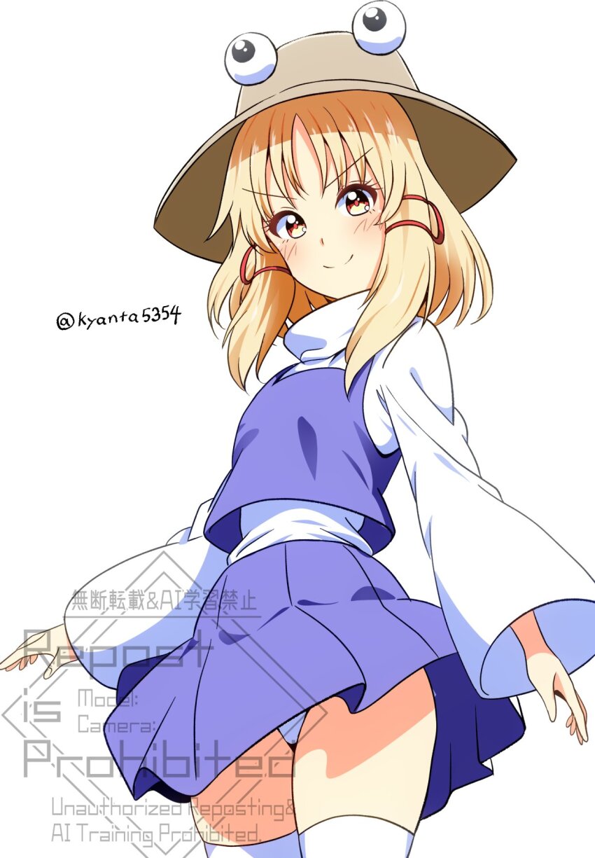 1girl blonde_hair blue_skirt blue_vest blush brown_hat commentary_request cowboy_shot from_below hat highres kyanta5354 long_hair long_sleeves looking_at_viewer moriya_suwako orange_eyes panties pantyshot pleated_skirt shirt sidelocks simple_background skirt smile solo standing thighhighs touhou turtleneck turtleneck_shirt twitter_username underwear vest watermark white_background white_panties white_shirt white_thighhighs