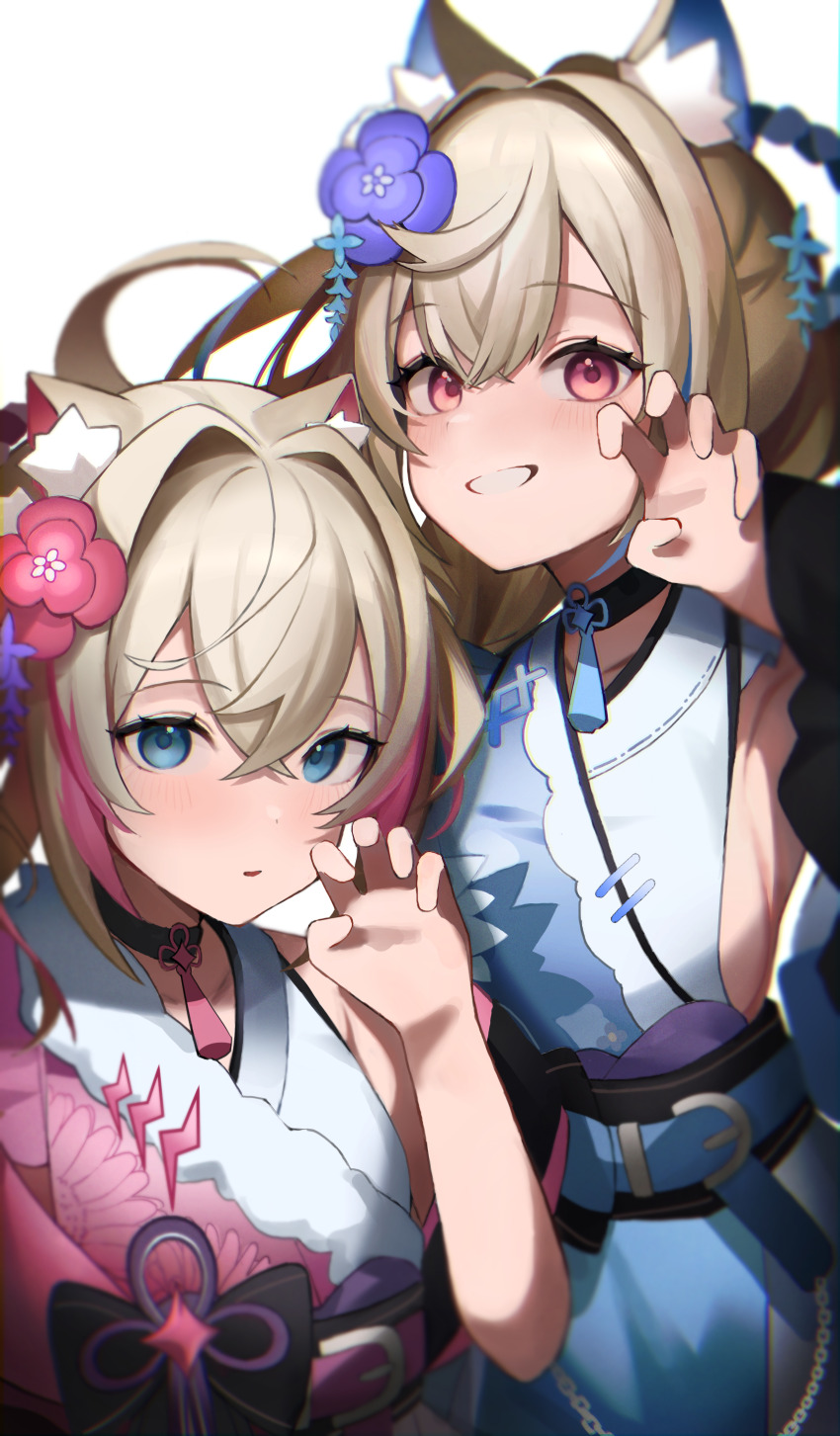 2girls absurdres animal_ear_fluff animal_ears belt black_collar black_sash blonde_hair blue_belt blue_eyes blue_hair blue_kimono blush breasts claw_pose closed_mouth collar dog_ears dog_girl floral_print floral_print_kimono fuwawa_abyssgard fuwawa_abyssgard_(new_year) highres hololive hololive_english japanese_clothes kimono large_breasts long_hair looking_at_viewer mococo_abyssgard mococo_abyssgard_(new_year) mukana_meme multicolored_hair multiple_girls obi official_alternate_costume open_mouth pink_belt pink_eyes pink_hair pink_kimono ponytail print_kimono sash short_hair siblings sideboob sideless_kimono sisters sleeveless sleeveless_kimono smile streaked_hair twins twintails virtual_youtuber