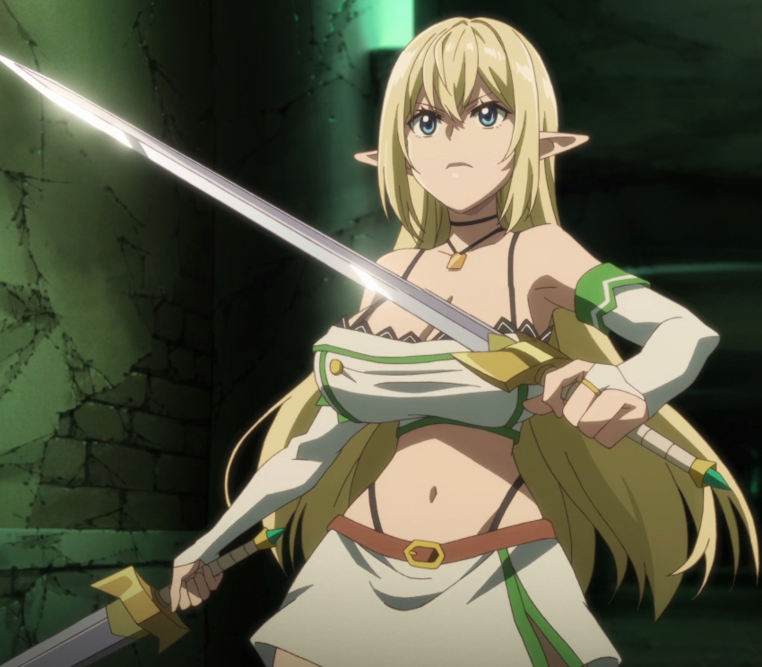 1girl aria_(beheneko) armpit_peek blonde_hair blue_eyes breasts cleavage elf fighting_stance fingerless_gloves gloves highres jewelry large_breasts legs long_hair midriff navel necklace pointy_ears s-rank_monster_no_&quot;behemoth&quot;_dakedo_neko_to_machigawarete_elf_musume_no_pet_toshite_kurashitemasu serious skirt solo stitched sword tank_top thighs third-party_edit thong very_long_hair weapon whale_tail_(clothing)