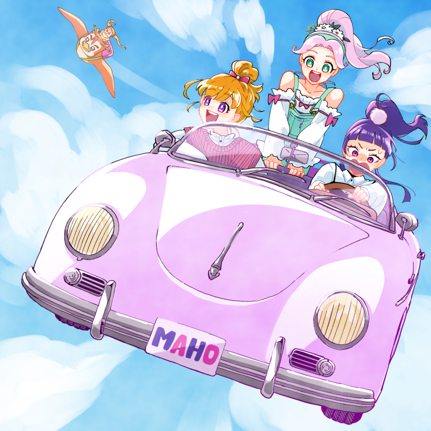 4girls :d above_clouds alternate_hairstyle asahina_mirai bird blonde_hair blue_sky blunt_bangs bright_pupils car casual cloud collared_shirt commentary driving flower flying flying_car frown green_eyes green_overalls hair_flower hair_ornament hair_up hanami_kotoha highres in-franchise_crossover izayoi_liko kasugano_urara_(yes!_precure_5) mahou_girls_precure! motor_vehicle multiple_girls off-shoulder_shirt off_shoulder one_side_up open_mouth outdoors overalls pink_car pink_hair pink_sweater ponytail precure purple_eyes purple_hair ribbed_sweater riding romaji_text shirt sky sleeveless sleeveless_sweater smile sweatdrop sweater syrup_(yes!_precure_5) ton_(ton39342104) twintails white_pupils white_shirt yes!_precure_5 yes!_precure_5_gogo!