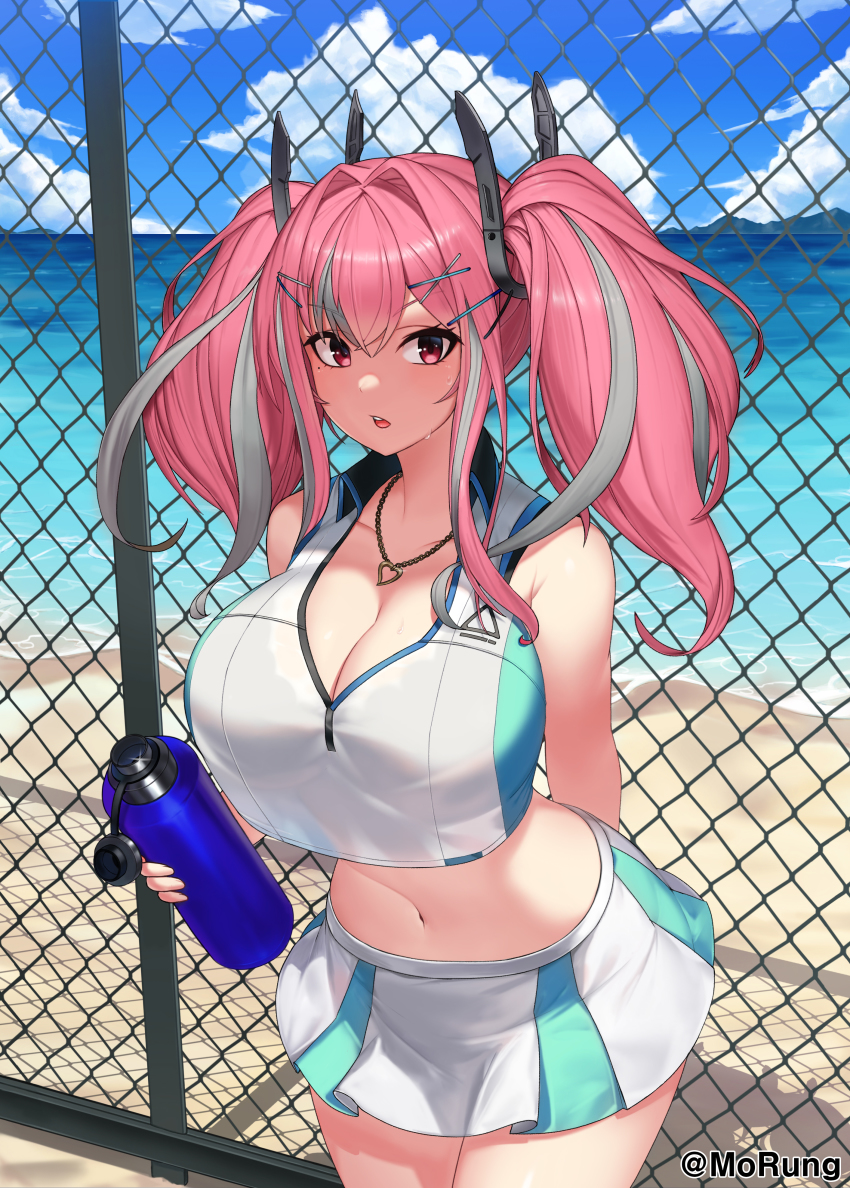 1girl absurdres azur_lane bad_id bad_pixiv_id bare_shoulders beach blue_sky bottle breasts bremerton_(azur_lane) bremerton_(scorching-hot_training)_(azur_lane) chain-link_fence cleavage cloud commentary cowboy_shot crop_top crop_top_overhang day english_commentary fence hair_between_eyes hair_ornament headgear heart heart_necklace highres holding holding_bottle jewelry large_breasts long_hair midriff mole mole_under_eye morung multicolored_hair navel necklace ocean open_mouth pink_hair pleated_skirt shirt shore sidelocks skirt sky sleeveless sleeveless_shirt solo sportswear standing stomach streaked_hair sweat tennis_uniform thighhighs toned twintails two-tone_shirt two-tone_skirt water water_bottle waves x_hair_ornament