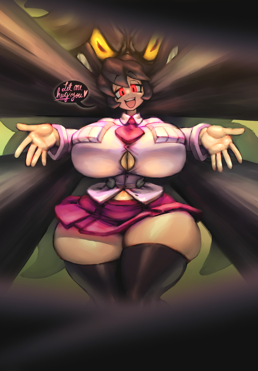 1girl black_hair black_thighhighs blurry blurry_foreground breasts cropped_legs cursive curvy english_text facing_viewer filia_(skullgirls) glowing glowing_eyes highres huge_breasts long_hair looking_at_viewer necktie noonun official_alternate_color open_mouth outstretched_arms pink_shirt pink_skirt pov prehensile_hair red_eyes restrained samson_(skullgirls) shirt skindentation skirt skullgirls smile solo speech_bubble standing thick_thighs thighhighs thighs wide_hips you_gonna_get_raped