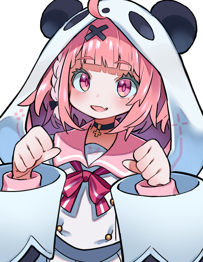 1girl absurdres animal_hood braid choker clenched_hands cross cross_choker eyelashes fang highres hood hood_up hyou_(hyouga617) long_sleeves looking_at_viewer nijisanji open_mouth panda_hood pink_eyes pink_hair sailor_collar sasaki_saku sasaki_saku_(6th_costume) skin_fang solo virtual_youtuber wide_sleeves