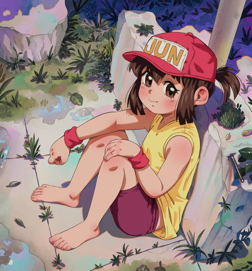 1girl bakusou_kyoudai_let&#039;s_&amp;_go!! banned_artist barefoot baseball_cap bike_shorts brown_eyes brown_hair feet from_above hand_on_own_knee hat highres idfer legs looking_at_viewer looking_up outdoors ponytail purple_shorts red_hat sagami_jun shirt short_hair shorts sitting sleeveless sleeveless_shirt smile solo toes wristband yellow_shirt