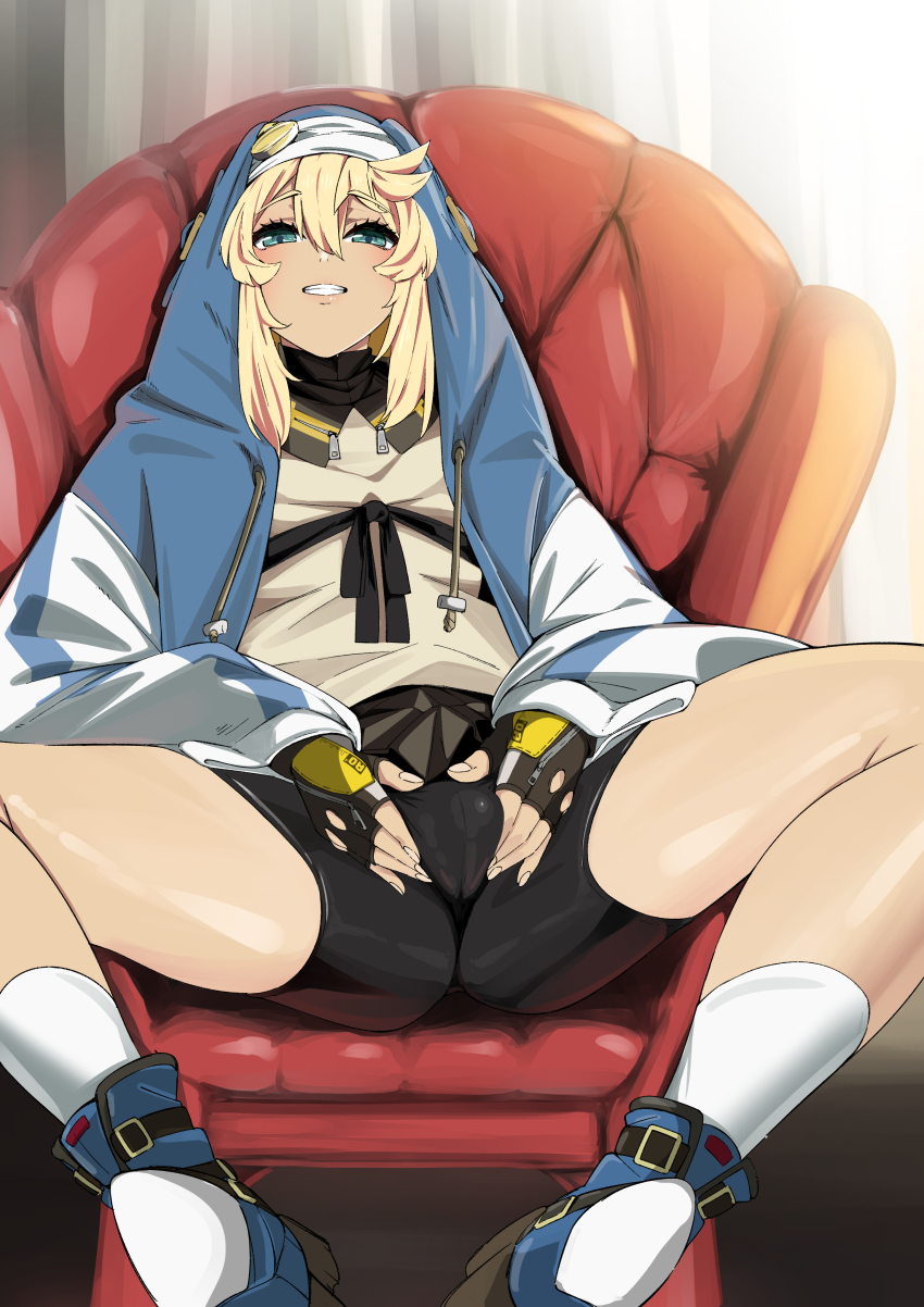 1boy absurdres aqua_eyes ass bike_shorts bike_shorts_under_skirt black_gloves blonde_hair bridget_(guilty_gear) bulge chair comiket_102 commentary_request covered_testicles fingerless_gloves gloves guilty_gear guilty_gear_strive habit highres hood hood_up hooded_jacket jacket long_sleeves looking_at_viewer male_focus mars_symbol medium_hair sitting smile solo str-natural teeth trap