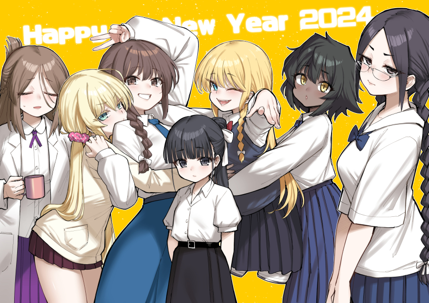 6+girls alphy black_hair blonde_hair braid breasts brown_hair child cup dark-skinned_female dark_skin english_text green_eyes highres large_breasts multiple_girls necktie original school_uniform serafuku shirt single_braid skirt sunglasses twitter white_shirt yellow_background