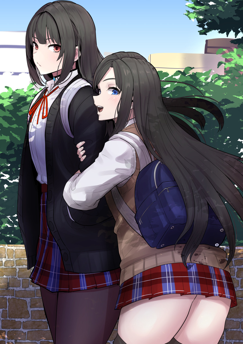 2girls absurdres backpack bag black_cardigan black_hair blue_eyes blunt_bangs brown_eyes cardigan clash_kuro_neko commission flat_chest happy highres hime_cut holding_another&#039;s_arm multiple_girls original pale_skin pantyhose parted_bangs plaid_clothes plaid_skirt pleated_skirt school_uniform serious shirt siblings sisters skeb_commission skirt string_tie sweater_vest tall_female white_shirt