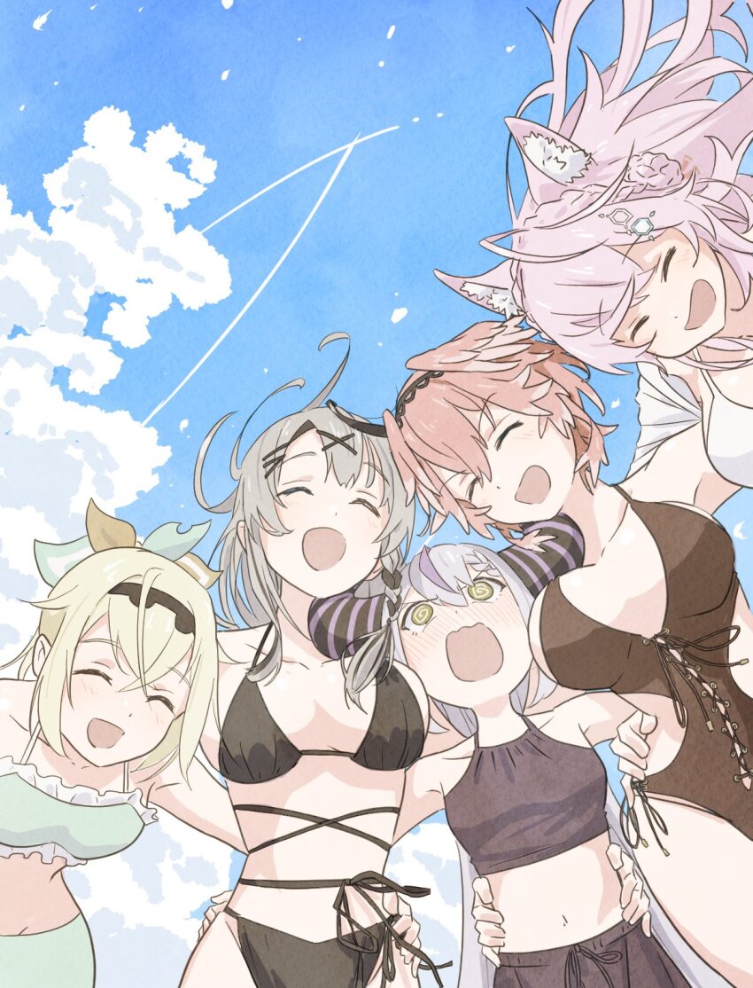 5girls @_@ alternate_costume animal_ear_fluff animal_ears arm_around_back arm_around_waist armpits asymmetrical_hair bikini black_bikini black_hair black_hairband black_one-piece_swimsuit black_shorts blonde_hair blue_sky blush braid braided_bun breasts closed_eyes clothing_cutout cloud cloudy_sky colored_tips commentary contrail cowboy_shot cowlick crossed_bangs crown_braid frilled_bikini frills from_below green_bikini grey_hair hair_bun hair_ornament hairband hairclip hakui_koyori head_wings hexagon_hair_ornament highres hololive holox horns kazama_iroha la+_darknesss large_horns leaf_hair_ornament long_hair male_swimwear medium_breasts medium_hair multicolored_hair multiple_girls navel one-piece_swimsuit open_mouth pink_hair purple_hair sakamata_chloe short_hair shorts side_braid side_cutout single_braid sky small_breasts smile standing stomach streaked_hair striped_horns swim_trunks swimsuit takane_lui tauyoshi728 two-tone_hair virtual_youtuber wavy_mouth white_bikini wings wolf_ears wolf_girl x_hair_ornament yellow_eyes