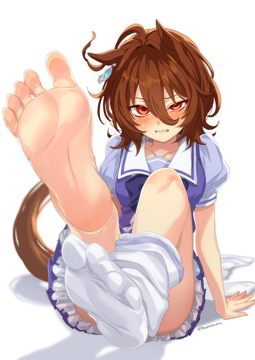 1girl agnes_tachyon_(umamusume) ahoge animal_ears barefoot blush bow bowtie brown_hair chemical_structure clenched_teeth collarbone convenient_censoring earrings emil1030_blue feet flustered foot_focus foot_up frilled_skirt frills hand_on_ground highres horse_ears horse_girl horse_tail huge_ahoge jewelry leaning_back no_shoes on_ground parted_lips pleated_skirt puffy_short_sleeves puffy_sleeves purple_bow purple_bowtie purple_serafuku purple_shirt purple_skirt red_eyes sailor_collar sailor_shirt school_uniform serafuku shirt short_hair short_sleeves simple_background single_earring single_sock sitting skirt socks soles solo spread_toes sweatdrop tail teeth toes tracen_school_uniform umamusume uneven_eyes white_background white_socks