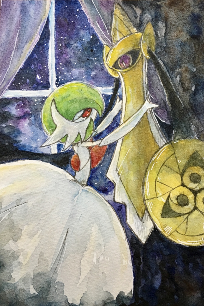 absurdres aegislash bob_cut colored_skin creatures_(company) dress elbow_gloves game_freak gardevoir gen_3_pokemon gen_6_pokemon gloves green_hair highres holding holding_shield mega_gardevoir mega_pokemon nintendo one-eyed pink_eyes pokemon pokemon_(creature) purple_eyes shield strapless strapless_dress sword traditional_media urushi_(urushix_7) weapon white_dress white_gloves white_skin