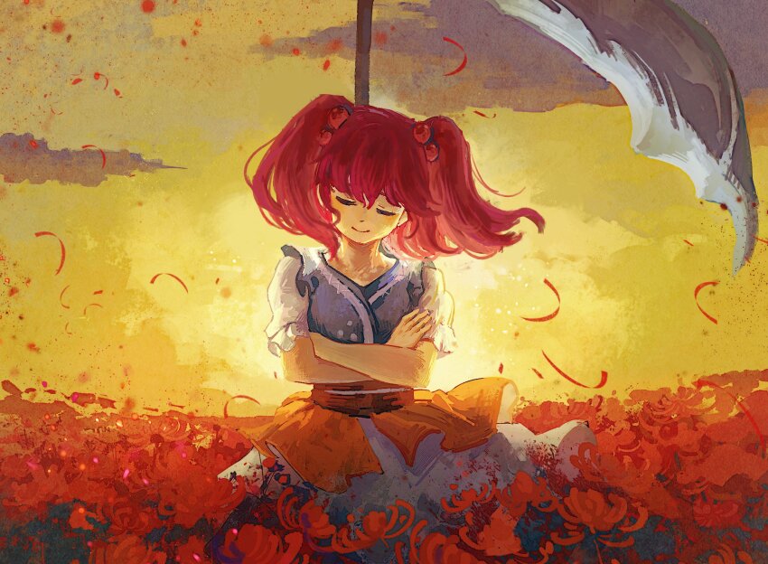 1girl closed_eyes closed_mouth cloud cowboy_shot crossed_arms field flower flower_field ge_dazuo hair_bobbles hair_ornament highres medium_hair onozuka_komachi outdoors red_flower red_hair short_sleeves sky smile solo spider_lily standing touhou two_side_up wind yellow_sky