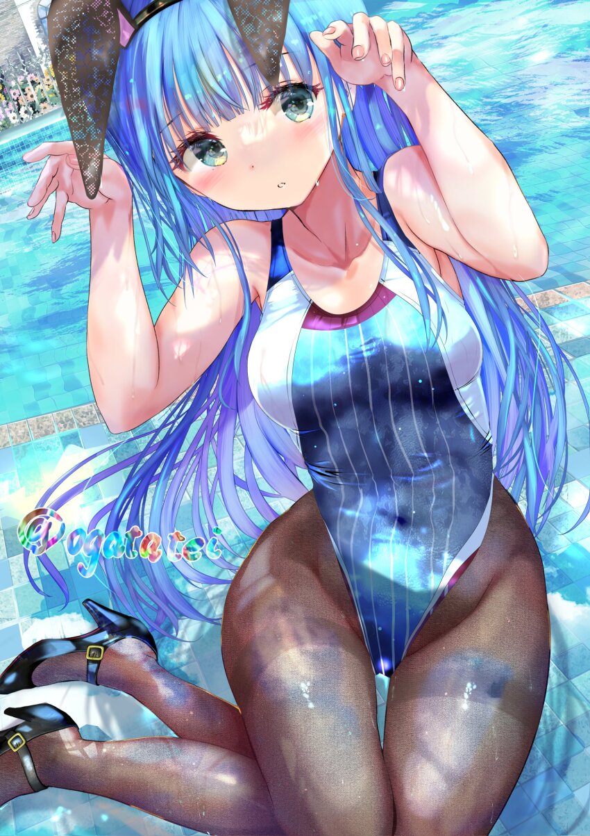 1girl absurdres animal_ears blue_eyes blue_hair blush breasts building bunny_day collarbone copyright_request dot_nose embarrassed fake_animal_ears fake_bunny_ears female_focus fence flower high_heels highres leotard long_hair looking_to_the_side medium_breasts ogata_tei pool poolside sitting swimsuit tile_floor tiles twitter_username very_long_hair water window