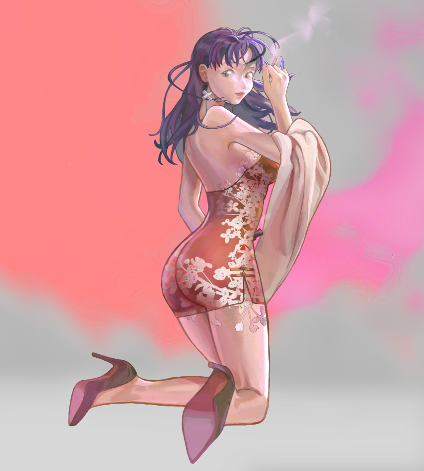 1girl absurdres artist_request ass back bare_shoulders breasts china_dress chinese_clothes cigarette cross cross_earrings crucifix dress earrings from_behind full_body gun handgun high_heels highres jewelry katsuragi_misato legs long_hair looking_at_viewer neon_genesis_evangelion painting_(medium) purple_hair revolver smoke smoking thighs traditional_media watercolor_(medium) weapon yellow_eyes