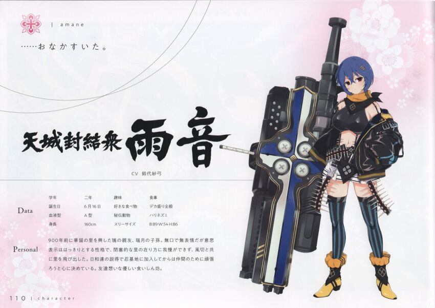 amane_(senran_kagura) blue_hair breasts bullet_casing cannon gun hair_ornament hairclip jacket large_breasts large_weapon machine_gun midriff official_art red_eyes scarf senran_kagura senran_kagura_new_link short_hair shorts thighhighs translation_request weapon yaegashi_nan